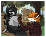 4_toes alternative_fashion ankle_grab anthro arctic_wolf arm_warmers armwear bench big_butt black_body black_claws black_fur black_hair blush bottomwear butt canid canine canis claws clothing collar crop_top dare_spiritmoon darefloofy digital_drawing_(artwork) digital_media_(artwork) dirty dirty_feet duo english_text eyeliner eyeshadow face_mask feet feet_in_air foot_fetish foot_focus foot_on_face foot_sniffing fox fur goth grass green_eyes grey_body grey_fur hair hoodie hotpants leg_grab legs_up makeup male male/male mammal mask muzzle_mask onomatopoeia park pawpads paws pink_pawpads plant shaded shirt shorts sitting sleeveless_hoodie smelly smelly_feet sniffing soles sound_effects spiked_collar spikes tail text toes topwear tree wolf zuivel_the_fox