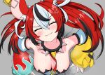  1girl absurdres anger_vein animal_ears bare_shoulders black_hair breasts cleavage closed_eyes closed_mouth collar detached_sleeves hakos_baelz hakos_baelz_(1st_costume) highres hololive hololive_english large_breasts mouse_ears mouse_girl multicolored_hair nobarts red_hair solo spiked_collar spikes streaked_hair through_wall two_side_up virtual_youtuber white_hair 