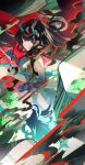  1girl absurdres aqua_horns arknights bare_shoulders bead_bracelet beads black_hair bracelet calligraphy_brush china_dress chinese_clothes closed_mouth colored_extremities colored_skin commentary_request dragon_girl dragon_horns dragon_tail dress dusk_(arknights) earrings eastern_dragon_tail gradient_skin green_hands green_horns green_skin highres holding holding_calligraphy_brush holding_paintbrush horns jewelry long_hair looking_at_viewer paintbrush pointy_ears red_eyes sleeveless sleeveless_dress solo songchuan_li tail tassel tassel_earrings 