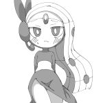 2025 barely_visible_butt biped blush blush_lines bodily_fluids butt butt_from_the_front clothed clothing digital_media_(artwork) female flat_chested forehead_gem front_view gem generation_5_pokemon greyscale hair hi_res humanoid legendary_pokemon long_hair looking_at_viewer meloetta meloetta_(aria_form) monochrome nintendo noye pear-shaped_figure pokemon pokemon_(species) portrait pseudo_clothing pseudo_dress sash shy simple_background slit_dress solo standing sweat sweatdrop three-quarter_portrait white_background wide_hips
