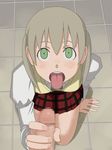  blonde_hair blush censored green_eyes handjob ice_place long_hair maka_albarn nude open_mouth penis school_uniform schoolgirl sex skirt soul_eater sweater teeth tile_floor tiles tongue 