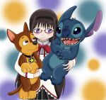  1girl 2boys absurdres akemi_homura chase_(paw_patrol) crossover disney highres lilo_&amp;_stitch mahou_shoujo_madoka_magica majka626 mitakihara_school_uniform multiple_boys paw_patrol school_uniform stitch_(lilo_&amp;_stitch) 