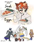  2boys 2girls animal_ears arknights beating black_hair blonde_hair blue_hair ceobe_(arknights) chiave_(arknights) english_text fake_facial_hair fake_mustache food grey_hair highres holding holding_plate multicolored_hair multiple_boys multiple_girls open_mouth pepperoni pizza plate red_hair rice short_hair shu_(arknights) spring_onion streaked_hair tail vigil_(arknights) wolf_boy wolf_ears wolf_tail yukii 