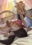 anthro balls bed blonde_hair bottomwear bottomwear_down butt clothed clothing crop_top crossdressing fallout fangs femboy forked_tongue furniture gabriel_(strange_noodle) genitals hair hybrid kammi-lu licking licking_lips looking_at_viewer male microsoft miniskirt night_stalker_(fallout) on_bed pants pants_down partially_clothed rattle_(anatomy) reptile scales scalie shirt skirt snake solo tan_body tan_scales teeth tongue tongue_out topwear ventral_scales