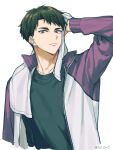  1boy absurdres arm_up black_hair black_shirt brown_eyes closed_mouth commentary_request haikyuu!! highres jacket looking_at_viewer male_focus oct_ten3 shirt short_hair simple_background solo sweat towel towel_around_neck track_jacket twitter_username upper_body ushijima_wakatoshi white_background 