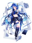  1girl absurdres ahoge amamiya_kokoro bare_shoulders bell belt black_sailor_collar black_serafuku black_shirt black_shoes black_skirt blue_hair blue_jacket blue_neckerchief blue_socks commentary_request crop_top crop_top_overhang demon_tail full_body highleg highres holding holding_polearm holding_weapon jacket jingle_bell kneehighs long_hair looking_at_viewer midriff miniskirt navel neckerchief nijisanji off_shoulder panty_straps polearm sailor_collar school_uniform serafuku shirt shoes skirt sleeveless sleeveless_shirt socks solo stomach tail thigh_belt thigh_strap trident two_side_up ureinnn very_long_hair virtual_youtuber weapon yellow_eyes 