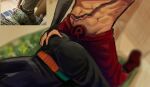  2boys abs all_fours ass bakugou_katsuki black_pants blurry blurry_background boku_no_hero_academia hand_on_another&#039;s_ass highres humping kirishima_eijiro lower_body male_focus multiple_boys pants reference_inset sorayavilla superhero_costume yaoi 