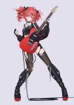  1girl absurdres black_boots black_choker black_shorts boots bow cable choker crossed_bangs double-parted_bangs drill_hair electric_guitar fold-over_boots full_body gloves grey_background guitar hair_bow hair_ornament hairpin highres instrument jewelry ji-rex kasane_teto knee_boots looking_at_viewer multiple_rings off-shoulder_shirt off_shoulder pantyhose partially_fingerless_gloves platform_boots red_eyes red_hair ring shirt short_shorts shorts simple_background solo standing torn_clothes torn_pantyhose twin_drills twintails utau 