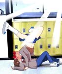  1boy 1girl blazer blue_skirt bow brown_hair brown_sweater_vest commentary convenient_censoring doki_doki_literature_club doki_doki_literature_club_school_uniform grey_jacket hair_between_eyes hair_bow handstand hetero highres jacket kiss light_rays long_sleeves lying meme on_back on_floor photo-referenced photo_background pink_hair protagonist_(doki_doki_literature_club) red_bow red_ribbon ribbon sayori_(doki_doki_literature_club) school_uniform shiro_burro shirt short_hair skirt socks sweater_vest twitter_username white_socks 