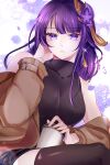  1girl bare_shoulders black_dress black_thighhighs blue_pupils blunt_bangs breasts brown_coat cent_(cent_mz) cleavage closed_mouth coat commentary covered_collarbone cup disposable_cup dress expressionless fan_hair_ornament flower_ornament from_side genshin_impact glint hair_ornament highres holding holding_cup large_breasts leaning_to_the_side long_hair long_sleeves looking_at_viewer looking_to_the_side mole mole_under_eye off_shoulder official_alternate_costume open_clothes open_coat purple_background purple_eyes purple_hair raiden_shogun raiden_shogun_(autumn_pop-up_store) sitting sleeveless sleeveless_dress solo thighhighs upper_body 