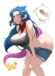  1girl absurdres areola_slip arrow_(symbol) artist_name bandana blue_hair breasts cleavage corn covered_nipples dragon_girl dragon_horns dragon_tail fire flame-tipped_tail grey_horns grey_overalls hands_on_own_thighs heart highres horns implied_penetration indie_virtual_youtuber jewelry large_breasts long_hair multicolored_hair myth1carts necklace open_mouth overalls penis pink_hair pink_tail red_bandana red_eyes spoken_food spoken_penis streaked_hair tail trembling vienna_(vtuber) vienna_(vtuber)_(farmer) virtual_youtuber 
