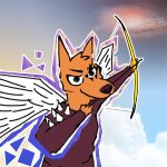 1:1 anthro armor bonkmaykr bow_(weapon) digital_drawing_(artwork) digital_media_(artwork) drawing_bowstring facial_markings feathered_wings feathers head_markings honeywp humanoid kangaroo macropod male mammal markings marsupial photo_background photography_(artwork) ranged_weapon solo taistelugo_(bonkmaykr) weapon wearing_armor wings
