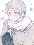  1boy axis_powers_hetalia black_gloves blush closed_mouth coat collared_coat commentary_request flower gloves grey_coat grey_hair hands_up long_sleeves looking_at_viewer male_focus own_hands_together purple_eyes russia_(hetalia) saku_anna scarf short_hair simple_background smile solo upper_body white_background white_scarf 