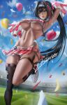  1girl 21skarlett absurdres armpits asymmetrical_legwear balloon bay_(nikke) black_hair black_socks black_thighhighs breasts cheerleader confetti dark-skinned_female dark_skin day goddess_of_victory:_nikke hair_intakes highres holding holding_pom_poms large_breasts long_hair microskirt mole mole_on_stomach multicolored_hair open_mouth outdoors panties pantyshot pom_pom_(cheerleading) ponytail red_streaks shoes side-tie_panties signature single_sock single_thighhigh skirt sneakers socks solo stadium standing standing_on_one_leg star_sticker sticker_on_face streaked_hair sweat thighhighs torn_clothes torn_socks torn_thighhighs two-tone_skirt two-tone_tank_top underwear very_long_hair white_panties white_shoes 