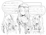  1boy 1girl 37_(reverse:1999) 6_(reverse:1999) :d :| ancient_greek_clothes bare_shoulders choker circlet closed_mouth daku_k expressionless greco-roman_clothes hand_on_own_chin highres holding holding_scroll index_finger_raised lineart long_hair looking_at_another looking_at_viewer reverse:1999 scroll smile speech_bubble stroking_own_chin toga turning_head upper_body white_background 