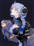  1girl absurdres black_background blue_border blue_bow blue_hair blunt_bangs border bow braid braided_bun breasts busou_kanojo china_dress chinese_clothes cleavage cleavage_cutout clothing_cutout commentary_request dress earrings feather_boa hair_bow hair_bun highres horns inset_border jewelry long_hair mandarin_collar medium_breasts nenemaru_(busou_kanojo) red_eyes ring sideways_glance signature single_horn solo split-color_clothes tassel tassel_earrings twin_braids two-tone_dress upper_body virtual_youtuber zoramaruta 