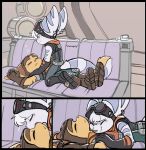 anthro blue_eyes boots clothing comic duo ear_piercing ear_ring english_text eyewear eyewear_on_head female fluffy fluffy_tail footwear fur furniture gloves goggles goggles_on_head hair handwear happy hi_res inside kissing lombax lying male male/female mammal massaging on_back piercing ratchet_(ratchet_and_clank) ratchet_and_clank ring_piercing rivet_(ratchet_and_clank) shoes snoring sofa sony_corporation sony_interactive_entertainment tail tail_tuft text time_fluffy500 tuft white_body white_fur white_hair yellow_body yellow_fur
