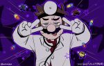  1boy artist_name blue_eyes brown_hair coat double_v dr._mario dr._mario_(game) emotional_engine_-_full_drive facial_hair fate/grand_order fate_(series) gloves head_mirror looking_at_viewer mario mario_(series) mikmi666 mustache necktie official_alternate_costume pill red_necktie short_hair solo stethoscope_around_neck sweat v virus_(dr._mario) white_coat white_gloves 