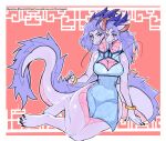 2_heads absurd_res anthro asian_clothing biped blue_clothing blue_eyes blush bracelet breasts chinese_clothing chinese_dress clothing dragon dress east_asian_clothing female fingers hair heterochromia hi_res jewelry looking_at_viewer multi_head mythological_creature mythological_scalie mythology non-mammal_breasts purple_body purple_hair red_eyes scalie thericegoat thick_thighs wide_hips