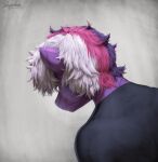 2025 alternate_hairstyle anthro black_clothing black_shirt black_t-shirt black_topwear clothing cosplay digital_drawing_(artwork) digital_media_(artwork) equid equine facial_scar female friendship_is_magic grey_background hair hasbro hi_res jujutsu_kaisen looking_down mammal messy_hair my_little_pony portrait purple_body purple_hair scar scars_all_over shirt signature simple_background solo suhar t-shirt topwear twilight_sparkle_(mlp) white_hair