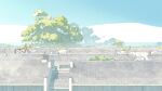  1girl akitsu_taira bird blonde_hair blue_bird_(akitsu_taira) blue_sky day fantasy highres izumi_luna_(akitsu_taira) long_hair original outdoors rooftop scenery sky solo tiger toranyun_(akitsu_taira) translation_request tree 