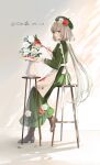 1girl absurdres apron artist_name beret boots brown_boots camellia dated dress dress_flower flower from_side green_dress green_eyes green_hat grey_hair hair_flower hair_ornament hat highres holding holding_paint_palette holding_paintbrush long_hair looking_to_the_side luo_tianyi morimori_(14292311) on_stool paint_on_clothes paint_palette paintbrush parted_lips red_flower shadow sitting solo vase very_long_hair vocaloid vsinger_(vocaloid) white_apron white_flower 