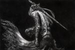  1boy absurdres armor artorias_the_abysswalker breastplate dark_souls_(series) from_behind fu_xiao_ai gauntlets greyscale helmet highres holding holding_sword holding_weapon long_hair looking_at_viewer monochrome pauldrons plume shoulder_armor solo sword traditional_media weapon 