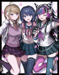  3girls ahoge akamatsu_kaede black_sailor_collar black_skirt black_thighhighs blue_eyes blue_hair blue_skirt collared_shirt commentary danganronpa:_trigger_happy_havoc danganronpa_(series) danganronpa_2:_goodbye_despair danganronpa_v3:_killing_harmony fuku_sa headphones headphones_around_neck highres looking_at_viewer maizono_sayaka mioda_ibuki multicolored_hair multiple_girls musical_note neckerchief necktie one_eye_closed orange_necktie pink_hair pink_vest plaid_clothes plaid_skirt pleated_skirt purple_neckerchief purple_skirt purple_socks sailor_collar shirt skirt socks symbol-only_commentary thighhighs torn_clothes torn_thighhighs twitter_username vest white_shirt 