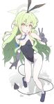  1girl absurdres armband ass_visible_through_thighs black_gloves black_hairband black_leotard black_tail blue_archive blue_armband blue_necktie blue_shoes blush bow_hairband breasts collarbone commentary_request covered_navel demon_tail detached_collar elbow_gloves full_body gloves green_hair green_halo hair_between_eyes hairband halo hand_up highres hikari_(blue_archive) korean_commentary leotard long_hair looking_at_viewer necktie open_mouth pantyhose playboy_bunny pointy_ears s10021 shadow shoes simple_background small_breasts solo standing strapless strapless_leotard tail v very_long_hair white_background white_pantyhose yellow_eyes 