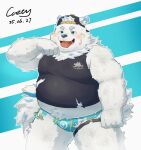  1boy animal_ears backwards_hat bandaid bandaid_on_face bara baseball_cap belly biceps black_tank_top blue_male_swimwear blush bulge caety2597 chinese_commentary commentary_request dog_boy dog_ears dog_nose dog_tail fat furry furry_male hat highres keyhole live_a_hero looking_at_viewer male_focus male_swimwear midriff_peek multicolored_hair open_mouth plump signature streaked_hair tail tank_top tongue tongue_out torn_clothes white_fur yohack 