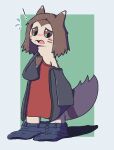 2025 ambiguous_gender anthro blush bodily_fluids bottomless bottomwear bottomwear_down brown_eyes brown_hair brown_markings clothed clothing colored dipstick_ears domestic_ferret ear_markings exclamation_point flying_sweatdrops fur gloves_(marking) hair handpaw implied_transformation looking_down_at_self mammal markings multicolored_ears mustelid musteline oagoner open_mouth oversized_clothing pants pants_around_ankles pants_down partially_clothed paws shadow solo standing sweat sweatdrop sylve0n_(user) tan_body tan_ear_tips tan_fur three-quarter_view topwear true_musteline weasel