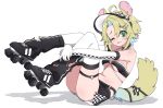  1girl :p ashton_marten_(vtuber) black_ribbon chain chain_necklace checkered_clothes checkered_skirt chinchilla_(animal) chinchilla_ears chinchilla_girl chinchilla_tail collar ear_piercing hair_ornament hairpin highres hugging_own_legs indie_virtual_youtuber jerboa_tail jewelry legs_up multiple_hairpins navel necklace nekoromancer piercing ribbon roller_skates simple_background skates skirt smug solo spiked_collar spikes tail tail_ornament tail_ribbon tongue tongue_out visor_cap zettai_ryouiki 