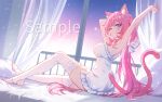  1girl ;) animal_ear_fluff animal_ears armpits babydoll blue_eyes breasts cat_ears cat_tail chinese_commentary commentary_request curtains elysia_(honkai_impact) euzh266 highres honkai_(series) honkai_impact_3rd large_breasts long_hair night night_sky nightgown on_bed one_eye_closed pink_hair sample_watermark sitting sky smile solo stirrup_legwear stretching tail thighhighs thighs toeless_legwear toes very_long_hair watermark white_babydoll white_nightgown white_thighhighs window 