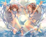  1boy 1girl anklet aqua_nails bead_anklet beads bikini blue_bow blue_eyes blue_nails blue_ribbon blue_sky bow breast_padding breasts brown_hair clam_shell cloud crossdressing drink earrings green_eyes hair_bow heart hinako_(talto) holding holding_drink idolmaster idolmaster_cinderella_girls idolmaster_side-m jewelry large_breasts long_hair male_with_breasts matsumoto_sarina mizushima_saki nail_polish ocean ponytail ribbon sailor_bikini sailor_collar sailor_swimsuit_(idolmaster) sky sparkle striped_bow striped_ribbon swimsuit trap twintails water white_bow white_ribbon 