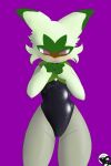 3_fingers anthro biped blush bunny_costume clothing costume daetoyin embarrassed embarrassed_female female fingers fishnet_clothing fishnet_legwear floragato generation_9_pokemon green_body hi_res leather leather_clothing legwear nintendo pink_eyes pink_nose pokemon pokemon_(species) shy simple_background solo