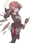  1girl absurdres arknights black_gloves black_pantyhose commentary detached_wings energy_wings exusiai_(arknights) fingerless_gloves from_above gloves gun hair_over_one_eye halo highres holding holding_gun holding_weapon jacket kriss_vector looking_at_viewer looking_to_the_side looking_up maki-no open_mouth orange_eyes pantyhose red_hair short-sleeved_jacket short_hair short_sleeves simple_background solo submachine_gun weapon white_background white_halo wings 