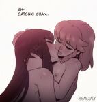  2girls artist_name bang_dacy bite_mark bite_mark_on_breast bite_mark_on_shoulder black_hair breasts closed_eyes english_text hug jakuzure_nonon kill_la_kill kiryuuin_satsuki licking licking_another&#039;s_face long_hair medium_breasts moaning multiple_girls nipples nude open_mouth pink_hair playing_with_another&#039;s_hair simple_background sweat upper_body white_background yuri 