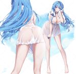  1girl aeon_ion ass barefoot blue_eyes blue_hair breasts cleavage commentary_request dress feet from_behind goddess_of_victory:_nikke hairband helm_(nikke) helm_(post-shower_moment)_(nikke) highres large_breasts leaning_forward long_hair multiple_views nightgown official_alternate_costume see-through_nightgown smile toes towel towel_around_neck very_long_hair wet wet_clothes wet_dress white_hairband white_nightgown 