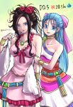  2girls :d absurdres anniversary blue_eyes blue_hair bow bracelet breasts brown_hair choker cleavage commentary_request cowboy_shot deborah_(dq5) dragon_quest dragon_quest_v dress earrings flora_(dq5) flower fur_shawl gem gold_choker gold_earrings gradient_background green_background green_gemstone hair_bow hair_flower hair_ornament hair_pulled_back half_updo highres hoop_earrings jewelry large_breasts long_hair multicolored_dress multiple_girls necklace open_mouth pekuchin_(pekuchin_3) pink_bow pink_dress pink_nails red_flower red_rose rose shawl siblings single-shoulder_dress sisters slime_(dragon_quest) smile twitter_username white_background 
