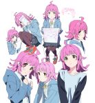  1girl absurdres ahoge baylego black_pantyhose black_skirt blue_jacket closed_mouth collared_shirt drawstring expressionless highres holding holding_paper hood hooded_jacket jacket looking_at_viewer love_live! love_live!_nijigasaki_high_school_idol_club medium_hair miniskirt multiple_views neck_ribbon pantyhose paper parted_lips pink_hair pleated_skirt ribbon school_uniform shirt shoes simple_background skirt sneakers tennoji_rina white_background white_shirt yellow_eyes yellow_ribbon 