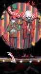  2boys absurdres aotsuki_eito balloon black_gloves black_pants black_shoes blood blood_on_clothes blood_on_face blood_on_hands blood_on_knife blood_splatter blue_eyes chinese_commentary christmas_sweater coat facing_viewer glasses gloves green_scarf green_sweater grey_hair highres holding holding_knife holding_microphone kardo-q knife looking_at_viewer male_focus merry_christmas microphone multicolored_hair multiple_boys music pants pile_of_corpses red_coat red_hair red_scarf scarf shared_clothes shared_scarf shirt shoes short_hair singing spoilers standing streaked_hair striped_clothes striped_scarf sumino_takumi sweater the_hundred_line_-last_defense_academy- white_shirt white_shoes 