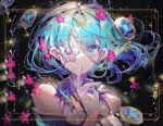  1girl aqua_hair arcaea bare_shoulders blue_eyes blue_gemstone chinese_commentary closed_mouth commentary_request english_commentary finger_to_mouth flower flower_over_eye gem gloves hair_flower hair_intakes hair_ornament highres jiuyujianbaishi looking_at_viewer mixed-language_commentary off_shoulder pink_flower portrait procreate_(medium) saya_(arcaea) short_hair shushing slit_pupils solo watermark white_flower white_gloves 