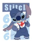 2025 4_fingers 4_toes alien anthro backwards_baseball_cap backwards_hat barefoot baseball_cap biped black_eyes blue_baseball_cap blue_claws blue_pawpads character_name claws clothed clothing digital_drawing_(artwork) digital_media_(artwork) disney english_text experiment_(lilo_and_stitch) feet finger_claws fingers flat_colors harara hat headgear headwear hi_res japanese_description kerchief lilo_and_stitch looking_at_viewer male neckerchief neckwear one_ear_up overalls pawpads shirt signature simple_background solo standing stitch_(lilo_and_stitch) t-shirt text toes topwear white_clothing white_shirt white_t-shirt white_topwear