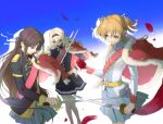  3girls arm_at_side barefoot belt belt_buckle black_hairband black_skirt blonde_hair blue_background blue_eyes bright_pupils brown_hair buckle closed_mouth commentary cowboy_shot daiba_nana epaulettes falling_petals food fur-trimmed_jacket fur_trim gradient_background green_eyes green_ribbon grey_skirt hair_intakes hair_ribbon hairband half_updo hand_on_own_hip hand_up highres holding holding_food holding_sword holding_vegetable holding_weapon jacket jacket_on_shoulders katana light_particles long_hair long_sleeves looking_ahead looking_at_another looking_down miniskirt multiple_girls parted_bangs petals pink_eyes pleated_skirt purple_ribbon red_jacket red_sash ribbon saijou_claudine sash short_hair short_twintails shoujo_kageki_revue_starlight shoulder_sash sidelocks single_stripe skirt standing striped_clothes striped_skirt sword sy031219 symbol-only_commentary tendou_maya tomato twintails two-tone_background v-shaped_eyebrows vegetable very_long_hair wavy_hair weapon white_background white_jacket white_pupils yellow_belt 