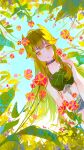  1girl absurdres arknights black_choker brown_hair chestnut_mouth choker denim denim_shorts elf flower highres laurel_crown long_hair looking_at_viewer lyuqiu midriff mole mole_under_eye muelsyse_(arknights) outdoors plant pointy_ears shorts solo very_long_hair yellow_eyes 