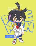  1boy ahoge black_hair blue_shirt blue_socks bright_pupils chibi collared_shirt colored_inner_hair commentary_request crossed_bangs full_body gloves hair_between_eyes hairband highres jacket kieran_(pokemon) long_sleeves male_focus multicolored_hair necktie orange_(orangelv20) pokemon pokemon_sv red_gloves red_necktie shirt shoes shorts signature single_glove socks solo standing teeth watermark white_jacket white_pupils white_shoes white_shorts yellow_background yellow_eyes yellow_hairband 