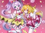  2girls :d :o ahoge aikatsu! aikatsu!_(series) arm_up bare_legs bare_shoulders blonde_hair blush bow breasts crossover detached_sleeves dress flower frilled_skirt frilled_sleeves frills furrowed_brow green_eyes hair_bow happy heart highres hoshimiya_ichigo idol idol_clothes lapels large_breasts long_hair looking_at_viewer manaka_laala multicolored_dress multiple_girls necktie notched_lapels open_hand open_mouth petals pink_background pink_bow pink_shoes pink_skirt pretty_series pripara pripara_(series) puffy_detached_sleeves puffy_sleeves purple_hair red_bow red_eyes red_necktie shirt shoes short_sleeves single_wrist_cuff skirt smile standing standing_on_one_leg teeth thighhighs ttotto_010 twintails upper_teeth_only very_long_hair vest wavy_hair white_shirt white_wrist_cuffs wrist_cuffs 