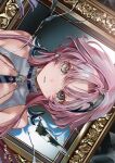  1girl bare_shoulders bema_(sinsekai) brown_eyes character_name close-up commentary_request copyright_name earrings grey_eyes hair_ornament heterochromia highres jewelry kamitsubaki_studio long_hair looking_at_viewer official_art parted_bangs parted_lips picture_frame pink_hair second-party_source sideways sinsekai_record solo tnpp_coc upper_body virtual_youtuber 