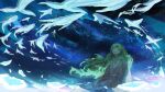  1boy absurdres animal arm_at_side blue_eyes commentary_request curly_hair energy fish glowing green_hair highres kapxapius kneeling korean_clothes lo_po_bia_traumerei long_hair looking_up night night_sky original robe sky solo star_(sky) starry_sky thick_eyebrows tower_of_god white_robe 