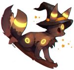 2017 ambiguous_gender artist_name black_body black_fur broom broom_riding cheek_tuft chest_tuft cleaning_tool clothing cute_fangs daww eeveelution facial_tuft fangs feral foxlett full-length_portrait fur generation_2_pokemon glowing glowing_markings hat headgear headwear markings nintendo open_mouth open_smile painterly pokemon pokemon_(species) portrait red_eyes signature simple_background sitting smile solo star teeth text tuft umbreon white_background witch_hat yellow_markings